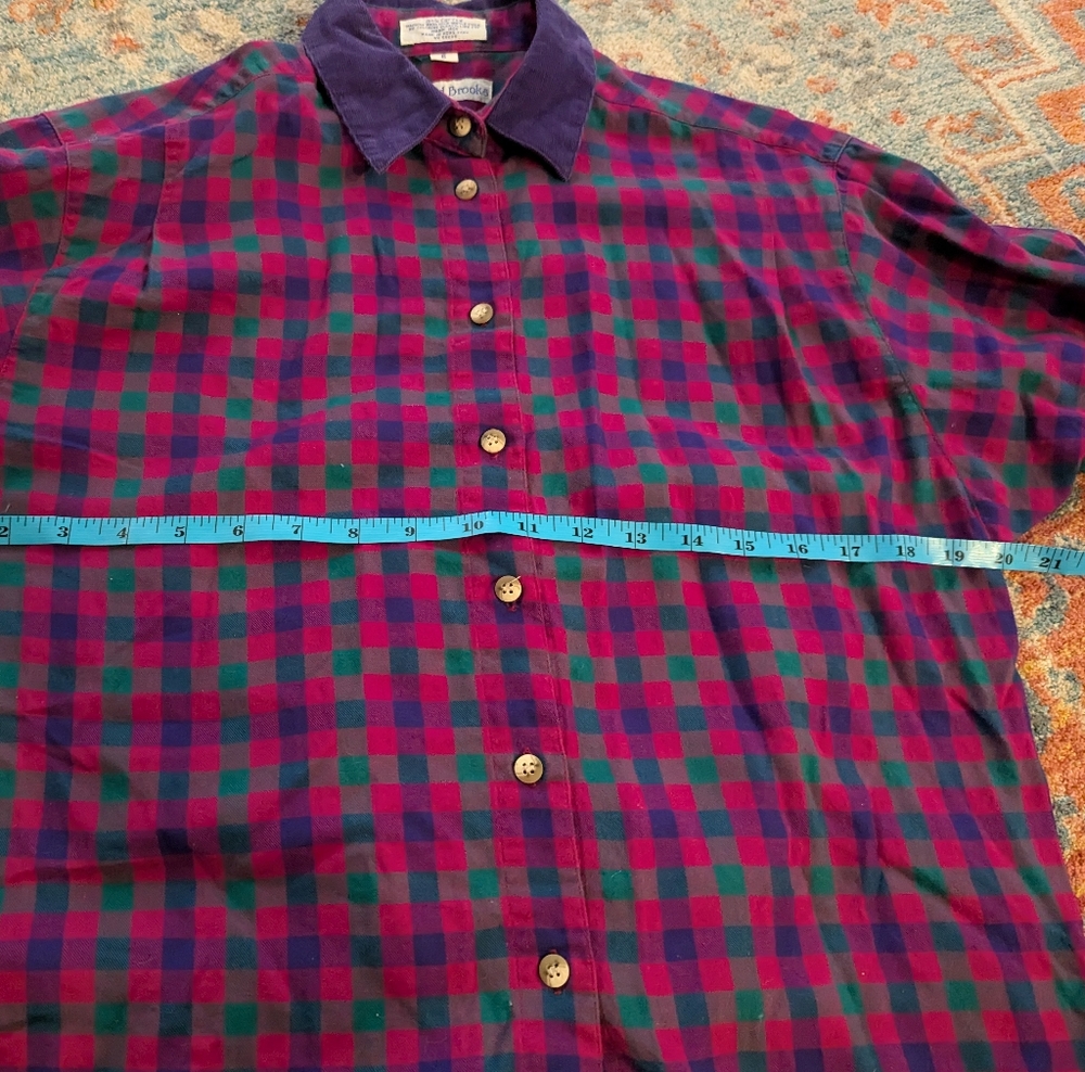 Vintage 90s Plaid Corduroy Collar Button Up Top Women's Medium Pink Purple 182 - Picture 7 of 9